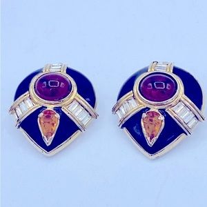 Vintage Weinberg NY Earrings With Amber , Clear Rhinestones With Purple Cabochon